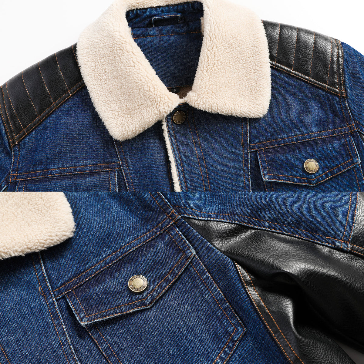 Close-ups of jacket collar, chest pocket and shoulder panels