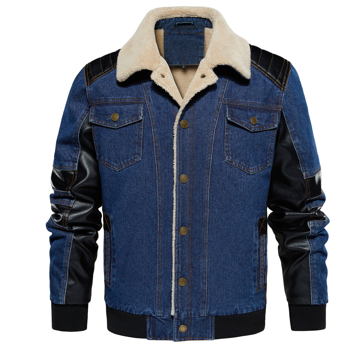 Blue contrast-sleeve jacket, buttoned front view