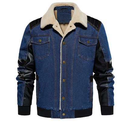 Blue contrast-sleeve jacket, buttoned front view