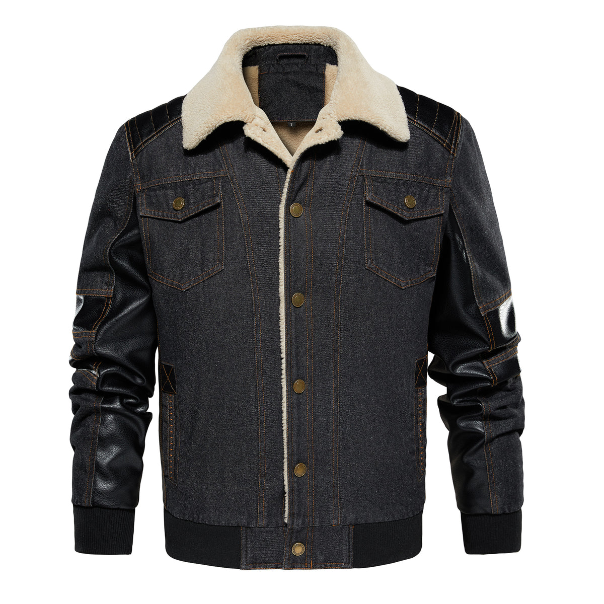 Black contrast-sleeve jacket, buttoned front view