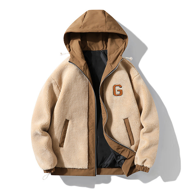 Khaki hooded jacket shown open with contrasting inner lining