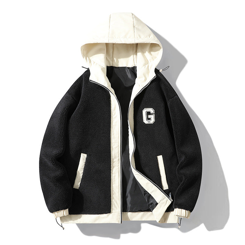 Black hooded zip jacket with contrast edging on a white background