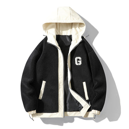 Black hooded zip jacket with contrast edging on a white background