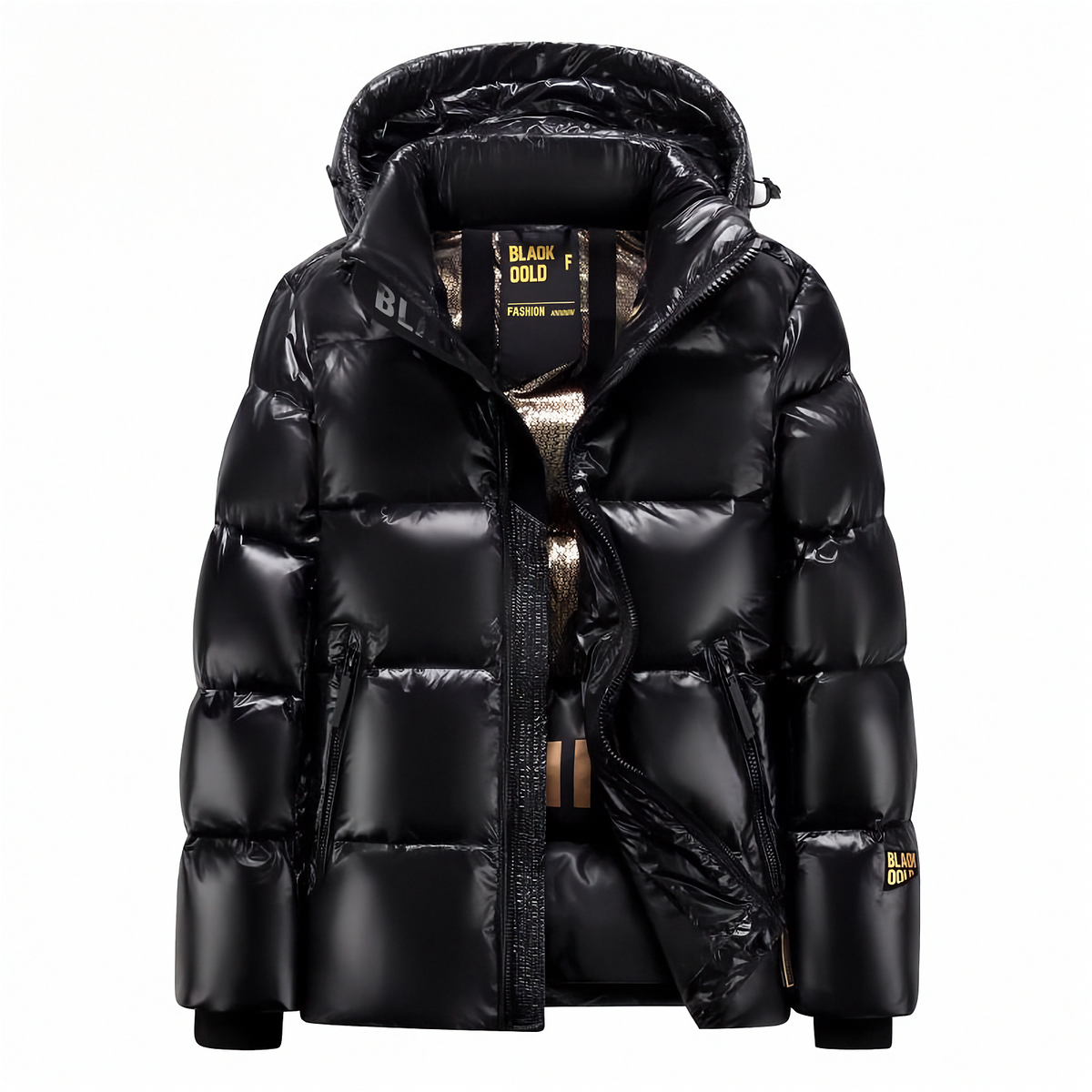 Mens Hooded Black And Gold Goose Down Jacket