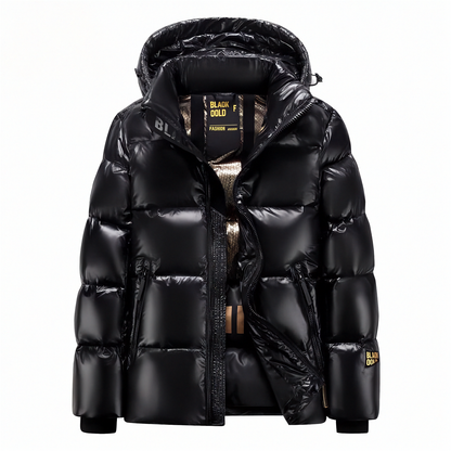 Mens Hooded Black And Gold Goose Down Jacket