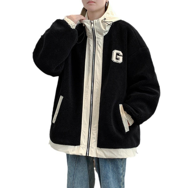 Black hooded jacket with cream edging and side pockets